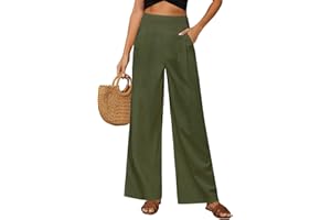 PASUDA Pantalones Mujer Verano Algodón Lino Pantalón Cintura Alta Elástico Casual Pantalones Suelto Cómodos Flojo Playa Pantalones de Anchos Mujer Largos