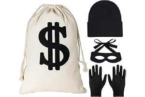 NALACAL 4 PCS Robber Costume Accessories Set, Include Canvas Dollar Sign Money Bags Bandit Eye Mask Knit Beanie Cap for Halloween Cosplay Burglar Theme Party