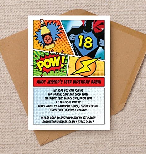 Personalised Comic Book Style Birthday Invitations with Envelopes (Pack of 10)