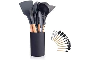 HUBEI Utensili da cucina in silicone Set di utensili da cucina - 446 ° F Manici in legno resistenti al calore Utensili da cucina grigi Set di strumenti per pentole antiaderenti (Nero-12pcs)