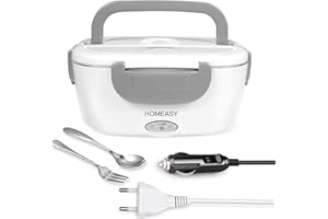 HOMEASY Fiambrera Eléctrica 12V 220V, Calentador de Comida para Coche y Trabajo, 1.5L Termo para Comida con Tenedor y Cuchara Acero Inoxidable, Pefecto para el Hogar Oficina y Viaje(Gris)