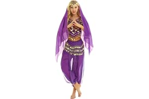 inhzoy Vestido Danza del Vientre para Mujer Disfraz de Princesa Árabe Traje de Baile India Lentejuelas Conjunto de Danza Oriental 4Pcs para Fiesta Actuación