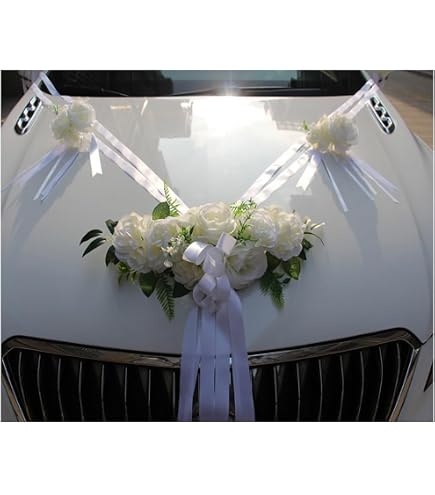 Kit Déco Voiture Mariage - 2m Tulle + 9 Fleurs Avec Ventouses - Noeuds Blancs Inclus