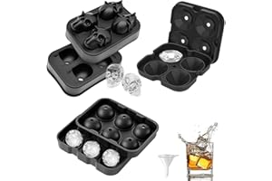 Deer Platz 3 Pieza Bandejas Cubitos Hielo Silicona, Tipo Diamante, Tipo Calavera, Seis Rejillas Redondas Bolas, Molde Grande Cubitos Hielo para Cóctel Whisky o Alimentos Bebés (Negro)