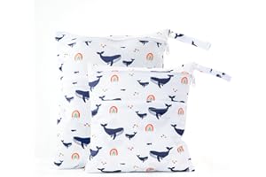 fanksoow 2Pcs Wet Bags, Waterproof Travel Beach Baby Cloth Diaper Wet Dry Bags for Soiled Baby Clothes Swimsuits (Blue Whaler)