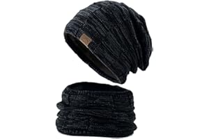 Momoon Winter Warm Beanie Mütze Gestrickte Herren Damen Warme Mütze Schal Set Baumwolle Mütze und Loop Schal Set mit Fleece Gefütterte Wintermütze Strickmütze Schlauchschal für Damen Weiche warme