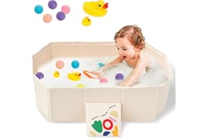 JOKAPY Baby Badewanne Faltbare, Große Kleinkindbadewanne mit 5 Kugeln 5 Enten Integrierte Badewanne Kinder mit Ablassschraube, Tragbares Duschbecken Integrierte Babywanne für Kinder von 0-8 Jahre