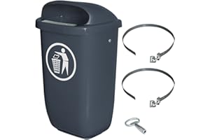 BRB Abfallbehälter für den Außenbereich, Inhalt 50 Liter, nach DIN 30713, im Komplettset mit Schellenband zur Pfahlbefestigung (anthrazit)
