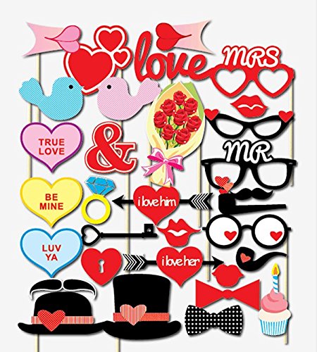 Veewon Neue Mode Hochzeit Foto Booth Requisiten Hochzeitsfeier Fotografie Stütze Photobooth 32pcs Lustiger Schnurrbart, Frau, Rosen-Blumen, Liebes-Herz, Gläser, Hüte - 2