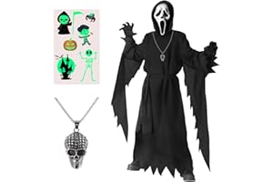 ATOWORLD Déguisement Scream Enfant 5-14 ans Costume Scream Enfant Halloween Cape Scream Masque Halloween Deguisement Scream Garcon Fille Deguisement Faucheuse Enfant Deguisement Horreur Cosplay Costume