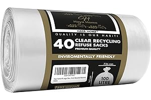 H HAYA HOME Haya Home 100L 40 Large Clear recycling bags Transparent Recycling Bin Bags, Rubbish Bags and Refuse Sacks 120 Gauge Bin Liners Heavy Duty Bin Bags Large Waste Bags From 100% Recycled Material