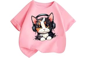 KODMNSW T-Shirt Mädchen T Shirt Kinder Tshirt Sommer Tops Baumwolle Rundhals Kurzarm Oberteile Katze Druck Kurzärmelige Coole Klamotten für Teenager 2-14 Jahre Alt