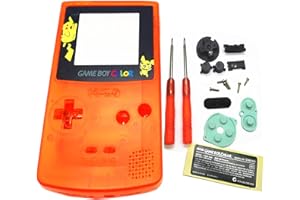 SUNVALLEY Coque de boîtier de remplacement rouge transparent, pour console For Nintendo Game Boy Color GBC, porte-écran Pikachu, boutons, vis, tampons en caoutchouc, tournevis, autocollant