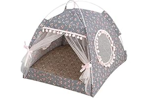 HEMORE Cat Princess Tent, Foldable Floral Puppy House with Breathable Mesh Window & Door Curtain, Portable Dog House Cave, Indoor Kitten Bed for Cats Small Dog (Gray, L within 5KG)
