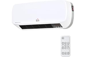 HOMCOM Calefactor Eléctrico Bajo Consumo, 1000W/2000W, Calefactor de Baño de Pared con Pantalla LED, IPX2, 3 Modos, PTC, Protección contra Sobrecalentamiento, Temporizador, Mando, para 20-25㎡, Blanco