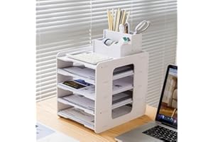 THATSRAD Organisateur de Bureau Papier Vertical Blanc 30.7 x 23 x 28 cm - PVC - 5 Niveaux - Porte-Stylo - Bureau à Domicile, Salle d'Étude