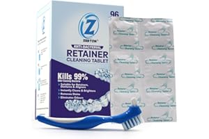 ZEBTON Retainer Cleaner Tablets - 96 Tablets + Retainer Cleaning Denture Brush for Fresh, Brite, and Stain-Free Retainer, Mouth Guard, Denture and Aligner - Retainer Cleaning Kit (96 count)