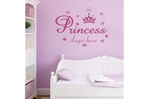 MAOMAOCHA Vinyl Wall Decals Quote The Princess Sleeps Here Pink Crown Diamond Wall Stickers Removable DIY Art Words Mural Wallpaper Decor for Girls Kids Bedroom Nursery Home Decoration