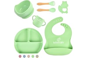 Baby Essentials by Bebefant, Silicone Baby Weaning Set, Suction Bowl, Suction Plate, Baby Cup, Adjustable Bib with Pocket, Bamboo Cutlery for Baby Led Weaning, 6 Piece Baby Feeding Set (Green)