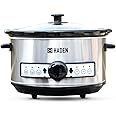 Haden Stainless Steel Slow Cooker with Timer - 3.5 Litres, 3 Heat Settings (Warm, Low, High) - Power Light Indicator, Oven-Safe Ceramic Pot, Dishwasher Safe - Glass Lid for Easy Viewing, (Silver)