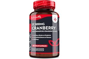 Canneberge Gélules Haute Résistance 37500 mg - 180 gélules Végan - Approvisionnement de 2 mois - Supplément d'Extrait de Canneberge Pur 50:1 - Fabriqué au Royaume-Uni par Nutravita