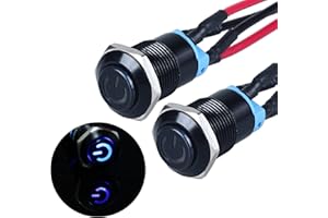 JIQI 2× 12mm Rastend wasserdicht Druckschalter 12V bis 24V 2A IP66 Latching Push Button mit LED Power Symbol einrastend EIN/AUS Schalter aus Metall schwarz Drucktastenschalter(hoher Kopf, Blau)