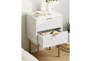 HEYZOEY Bedside Table, Small Bedside Tables with 2 Drawers, Wooden Nightstand with Gold Legs, Mid-Century Modern Bed Side End Table for Bedroom, Living Room, White