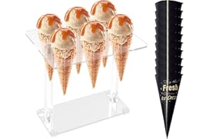 NXPWRC Ice Cream Cone Stand, 10 Pieces Ice Cream Paper Tray, Acrylic Material, 2 Levels, White, 15x20x1cm
