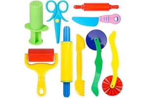 CAMILIFE Kit d'outils de pétrissage pour enfants, 9 pièces, avec rouleau à pâtisserie, emporte-pièces, ciseaux pour enfants, extrudeuse à pâte, couteau en plastique