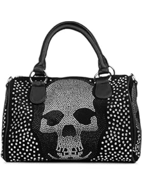 styleBREAKER Bowling Bag Handtasche mit Strass Totenkopf und Strass Nieten Applikation, Henkeltasche, Damen 02012023