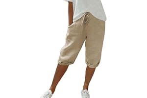 CHANPNING Short d'été décontracté en Coton et Lin avec Cordon de Serrage à la Taille et Poches pour Femme - Short de randonnée - Longueur Genou - Vêtement de détente Taille Haute - Pantacourt