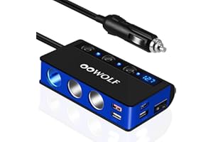 OOWOLF Quick Charge 3.0 Cigarette Lighter Adapter, 12V/24V 180W DC Power Car Splitter with 6.6A 3-Socket 4 USB Ports, LED Display Voltage, Individual Switch (Blue)