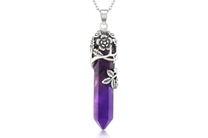 DIVANI Vintage Crystals Necklace - Flower Wrapped Amethyst - Quatz Gemstone Reiki Healing Crystal Stainless Steel Pendant Necklace Jewelry