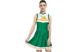 Funhoo Femme Cheerleader Costume Robe sans Manche Verte Cheerleading Danse Uniforme de Pom-Pom Scolaire Basket Halloween Cosplay Sport Outfit Saison 4