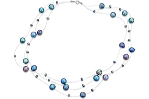 BLING JEWELRY Shades Of Grey Azul Blanco Rosa Multi Strand Línea De Pesca De Agua Dulce Perlas Cultivadas Ilusión Collar Gargantilla Collar Para Mujeres Boda Dama De Honor Formal Fiesta