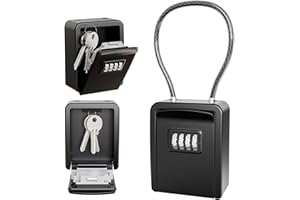 JOJOSEE Key Safe Outdoor, Key Lock Box with Removable Wire Rope Extended Shackle, Portable Lockbox with Code, Hangable Combination Key Box for Home, Garage, Warehouse