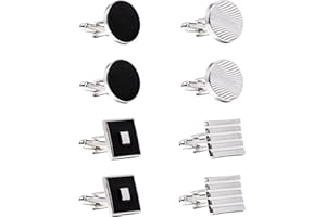 UTMACH 4 Paires Boutons de Manchette Homme Rectangle Ronds en Argent Pour Costume de Chemise (Noir, Argent)