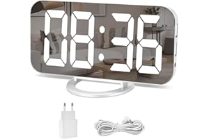 U-PICKS Réveil Numérique, Miroir Réveil Grand écran à Del de 6,5 Po avec Mode de Variation de la Luminosité, Luminosité Réglable, 2 Ports de Charge USB, Gros Bouton Snooze pour à Home Decor Blanc