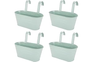 APACALI 4 PCS Metal Hanging Flower Pots, 27cm Over Fence Planters, Balcony Planters for Railing, Fence Hanging Planter with Detachable Hooks, Hanging Plant Pots Outdoor for Fence, Garden, Home, Green