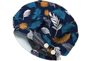 DELORIGIN Leaves Bouffant Scrub Caps with 4 Buttons Cotton Nurse Scrub Hats with Sweatband Adjustable Working Surgical Caps for Women Men Nursing Make Up Cooking Housework Head Cover One Size Fits All