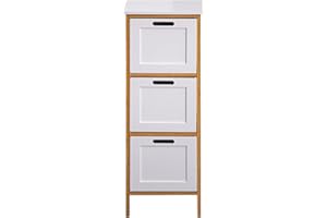 Rebecca Mobili Comodino Stretto, Cassettiera Bagno, Bianca Marrone, 3 Cassetti, Moderno, Mdf Bamboo - Misure HxLxP: 86 x 32 x 30 cm - Art. RE6713