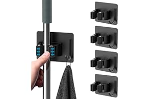 HOMEASY Portascope da Muro Adesivo Appendibile 4 Pezzi, Porta Scope Parete in Acciaio Inossidabile Senza Perforazione per Cucina Bagno Giardino,Nero