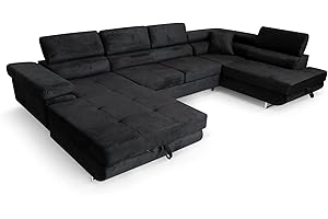 SOFILAND Ecksofa Aller U XXL-Ecksofa mit Schlaffunktion und Zwei Bettkästen in Schwarz, rechte Seite (Schwarz)