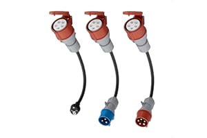 ‎DÉ dé Zestaw adapterów CEE 32A 5-pin, w tym 3-fazowy 16A czerwony, 1-fazowy 16A niebieski, wtyczka Schuko 1-fazowa do stacji ładowania lub ładowarki EV