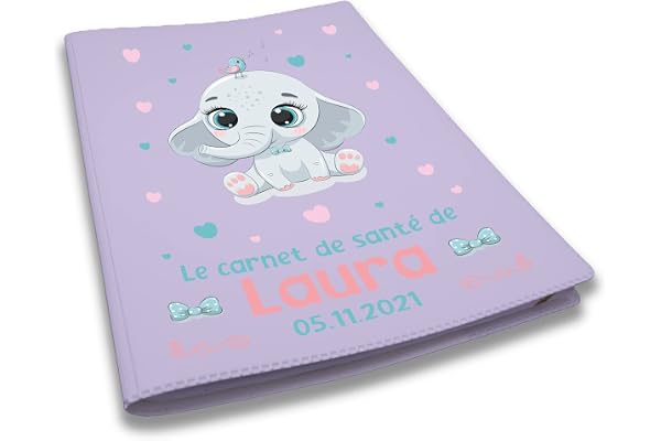 Protège carnet de santé personnalisé, idée cadeau personnalisable bébé, cadeau naissance original, Housse carnet de santé Mauve Éléphant Cœur - CL0007b