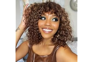 REBASAR Perruque Bresilienne Cheveux Humain avec Frange Bob Culry Perruque Sans Colle Bouclée Perruque Femme Courte No lace Bob Human Hair Wig with Bangs Brun&Blond (P4/30)