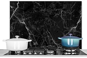 KitchenYeah© Paraschizzi Cucina Alluminio 80x55 cm Pannello Dietro Piano Cottura Fornelli a Gas Paraspruzzi Marmo - Nero - Bianco - Texture - Aspetto del Marmo