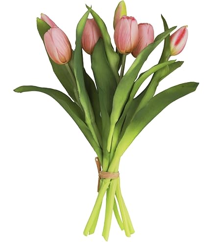 Mazzo Di Tulipani Artificiali Lona | 7 Fiori Fucsia-Verde, Altezza 44 Cm, Diametro 20 Cm, Steli Flessibili, Decorazione Da Tavolo - 4