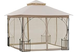 Outsunny Cenador de Jardín 3x3 m Gazebo con 4 Cortinas Laterales de Cremallera y Doble Techo con 8 Orificios de Drenaje Estilo Moderno para Patio Aire Libre Beige