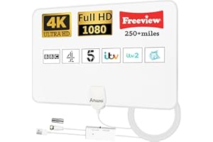 Amazqi TV Aerial Indoor 250+ Miles Long Range,Digital TV Aerial for Freeview TV,4K TV Antenna with Signal Booster and 5M Cable - for Local Channels - White